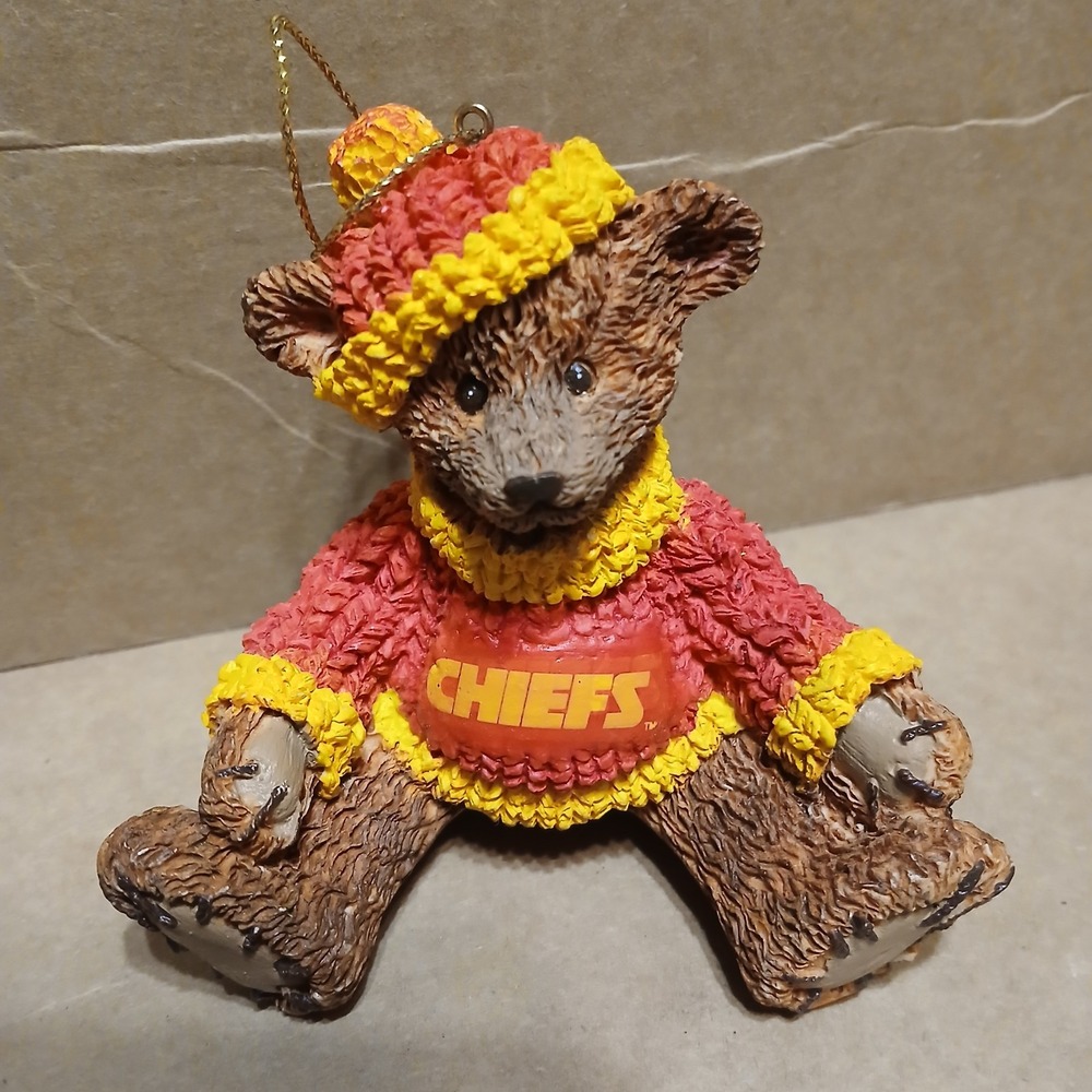 Vintage Kansas City Chiefs teddy bear ornament Yellow Red Sweater Hat Football